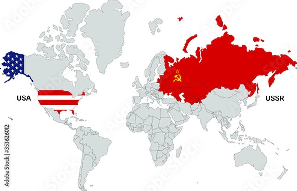 Fototapeta World map with USA and USSR and flags fills