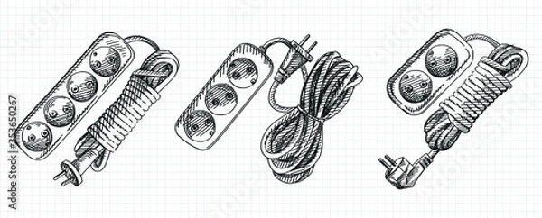 Fototapeta Hand-drawn sketch of extension cord set. Set includes extension cord with 2, 3, and 4 outlets	