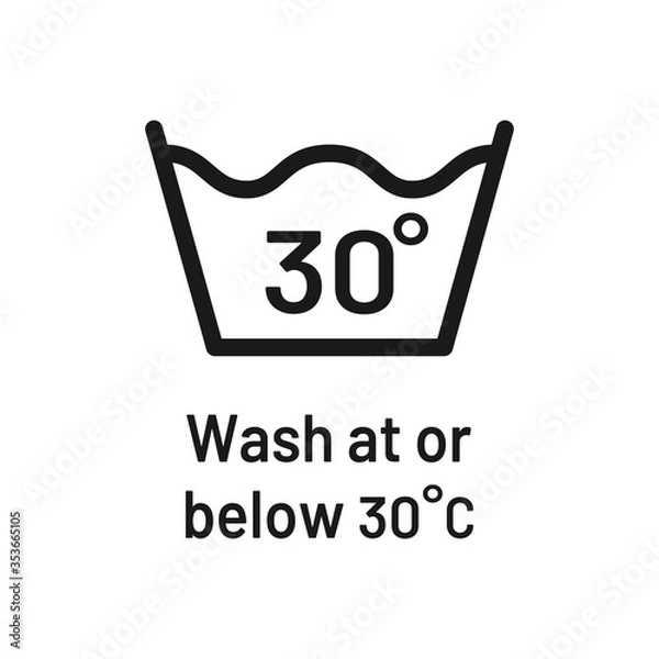 Fototapeta Wash at 30 degree icon with text. Water temperature 30C vector sign. Wash temperature 30. Laundry icon isolated on white background. 
