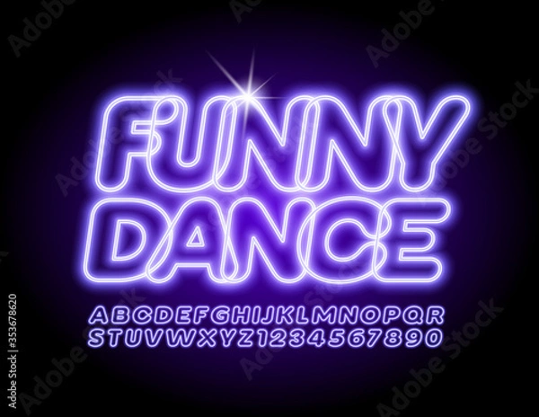Fototapeta Vector bright banner Funny Dance. Violet Neon Font. Electric Alphabet Letters and Numbers