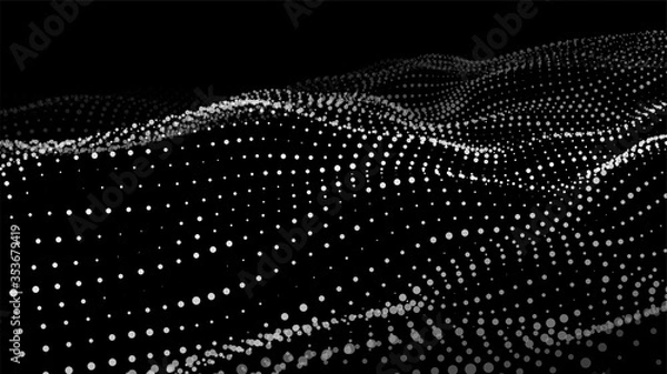 Fototapeta Dynamic particles wave.Big data visualization 3D. White dots on black background. Digital landscape. Vector illustration.