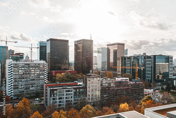 Fototapeta Cityscape of downtown Brussels with business  scyscrapers in late morning hours 