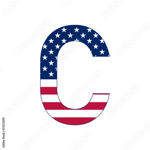 Obraz Letter C with stars and stripes. American flag lettering font.
Vector USA national flag style letter C.
Patriotic american element for poster, card, banner and background. 