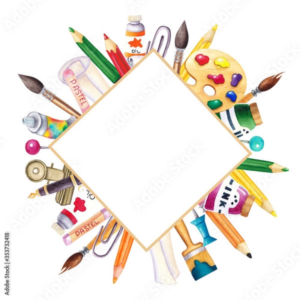 Obraz Watercolor frame with hand-drawn art supplies, brushes, paints, pencils, pastels, easel, and other tools of the artist. Template for greeting card, price list or invitation artist tools.Back to school