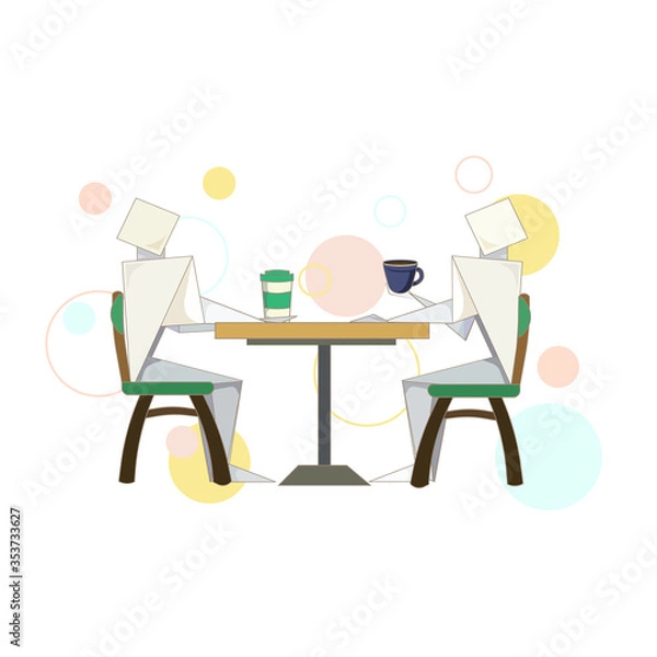 Fototapeta Two origami persons are drinking coffee with a table, chairs and rounds on white isolated background, vector illustration for making prints, postcards and logos, concept of Love, Friends, Meeting.