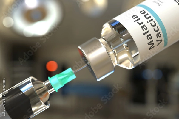 Obraz Medical bottle with malaria vaccine and syringe or doctor, 3D rendering
