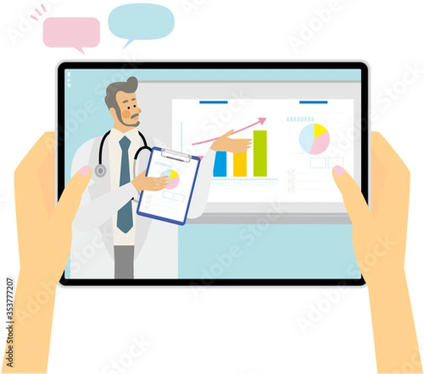 Fototapeta web meeting,オンライン会議,セミナー,グラフ,医者,白衣,イラスト,タブレット