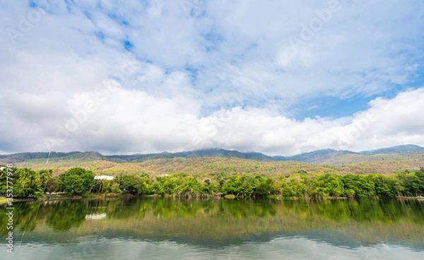 Obraz landscape lake views at Ang Kaew Chiang Mai University in nature forest Mountain views spring blue sky background with white cloud.