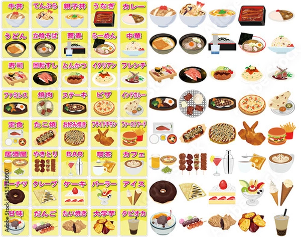 Obraz 食べ物アイコン・イラスト【飲食店】①（居酒屋、寿司、うなぎ、うどん、そば、らーめん、タピオカ）