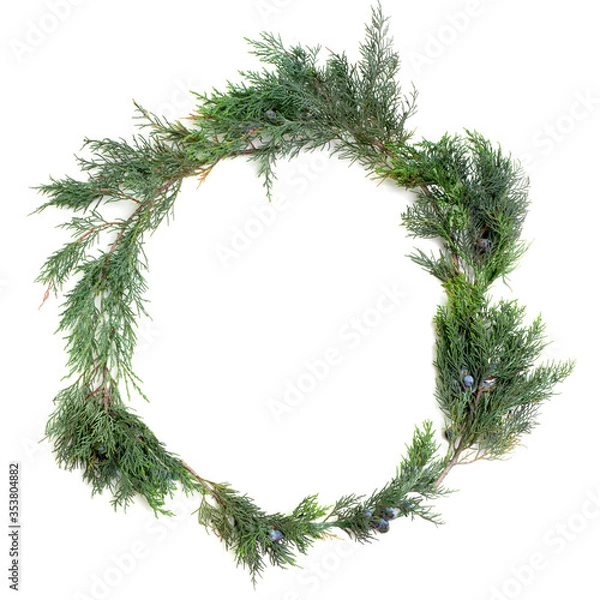 Obraz Christmas wreath of juniper on a white background top view . 