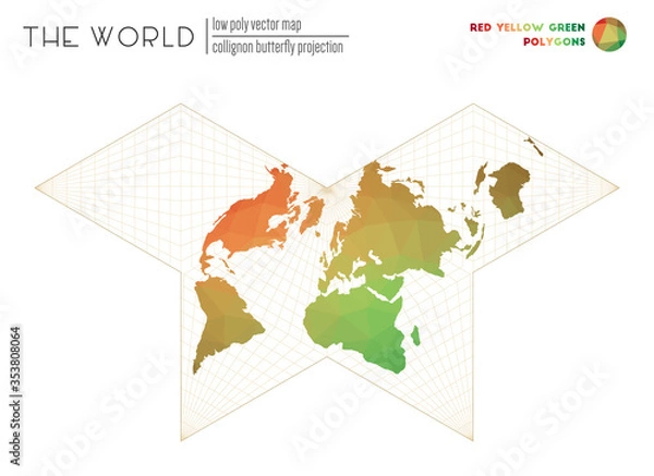 Fototapeta Abstract geometric world map. Collignon butterfly projection of the world. Red, Yellow, Green colored polygons. Creative vector illustration.