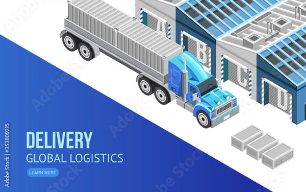 Fototapeta Isometric design of net page with truck and storage buildings for promotion of delivery service