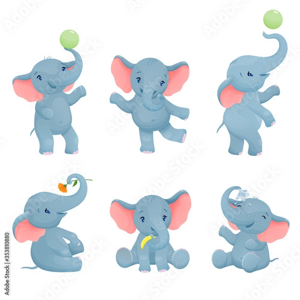 Fototapeta Set cartoon baby elephants on white isolated. Little elephants playing in different positions.