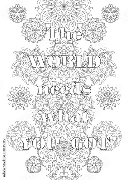 Fototapeta Vector coloring book for adults with inspirational quote and mandala flowers in the zentangle style with editable line