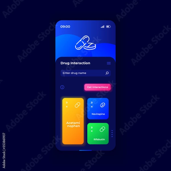 Fototapeta Drug interaction calculation smartphone interface vector template. Medical mobile app page dark design layout. Pills side effects info screen. Flat UI for application. Medications on phone display