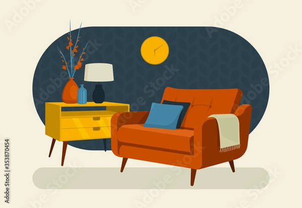Fototapeta Scandinavian style interior flat vector illustration fragment. Red modern armchair, chest of drawers with a vase of gladiolus, lamp in retro style. Wall clock.
