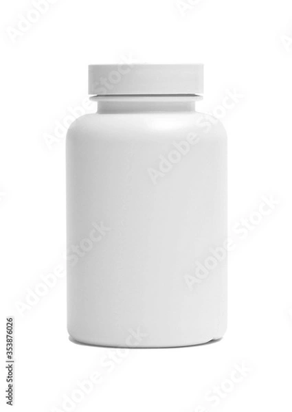 Obraz Photo of one plastic container for package pills and vitamins for people who lead healthy way of life – isolated on white background 