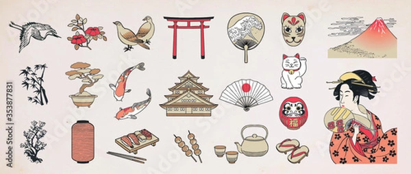 Obraz Japanese doodle set. Japanese traditional design elements. Hand drawn vactor illustration.
