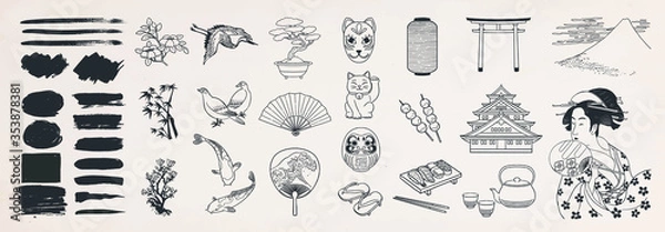 Obraz Zestaw japoński doodle. Japońskie tradycyjne elementy projektu. Ręcznie rysowane ilustracji wektorowych.
