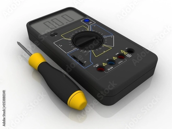 Fototapeta 3d illustration Digital electronics multi meter with screwdriver

