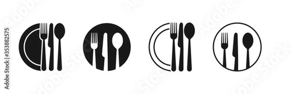 Obraz Zestaw widelca, noża, łyżki. Menu z logotypem. Zestaw w stylu płaskiej. Sylwetka sztućców. Ilustracji wektorowych