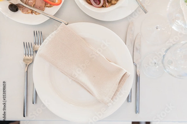 Obraz Table set for holiday, event, party or wedding reception in indoor restaurant