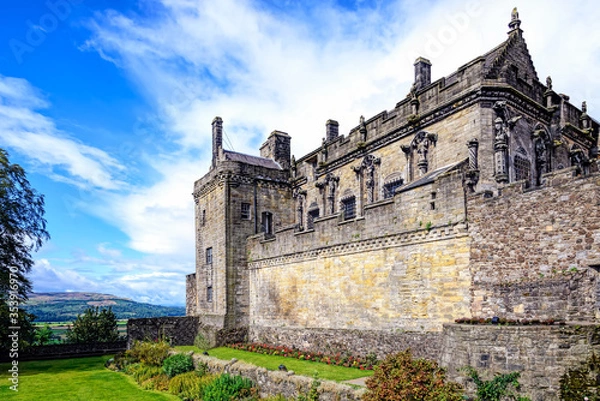 Fototapeta Queen Anne garden and Royal Palace at Stirling castle, Scotland. Located in Stirling, is one of the largest and most important castles, both historically and architecturally, in Scotland