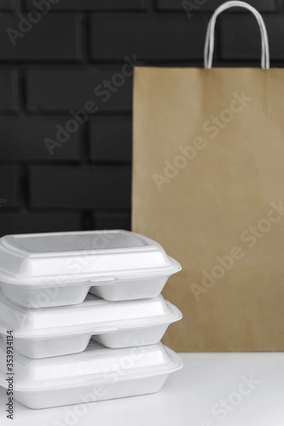 Obraz Styrofoam box for food. Toxic plastic waste. Concept of recycling and environmental conservation.