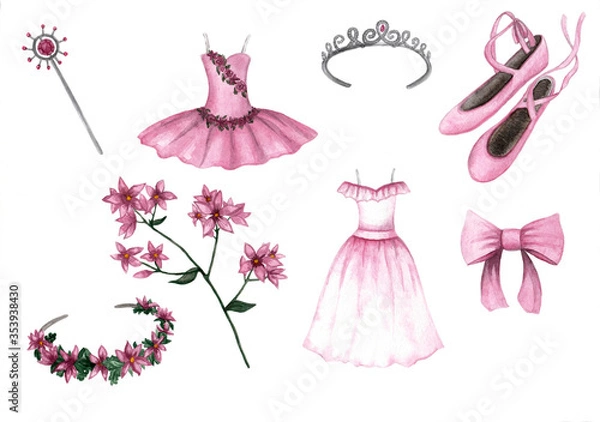 Obraz Drawing watercolor set ballet dresses and pointe shoes, accessories for ballerina