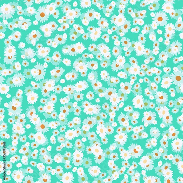 Fototapeta Modern fashion design fabric for clothes, surfaces, wallpaper, textiles. Seamless floral cute pattern in small daisy flower. Trendy colors millefleurs.  