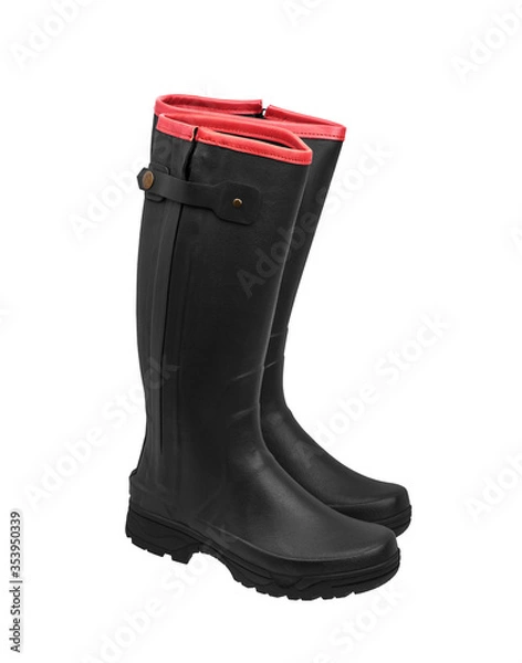 Fototapeta Rubber boots isolate on a white back. Shoes for bad weather or gardening. Shoes of a farmer, hunter or gardener.