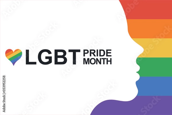 Obraz Woman silhouette on the rainbow LGBT flag with text pride month and colorful heart. Girl white silhouette with copy space for text or design. Pride and LGBT concept. Flat vector illustration