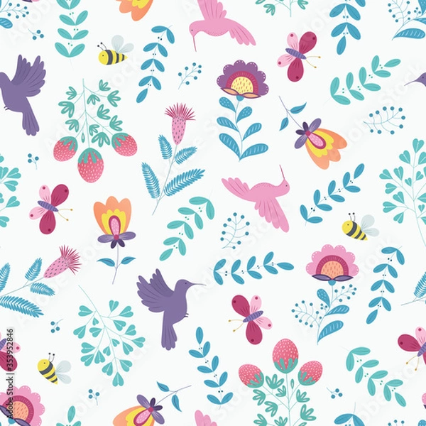 Fototapeta Vector flower illustration. Botanic seamless pattern with different flowers in traditional style. Folk gentle floral background