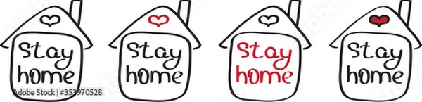 Fototapeta Stay home. Set of house icons with the words stay home black and red. Freehand self-isolation and quarantine company for the prevention and protection against coronovirus. Vector illustration.
