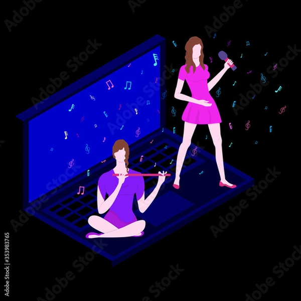 Fototapeta Night musical duet at home on a laptop. Singer with a microphone sings and girlfriend plays the flute. Beautiful young women rehearsing song and melody. Flying notes and treble clef. Musical vector.