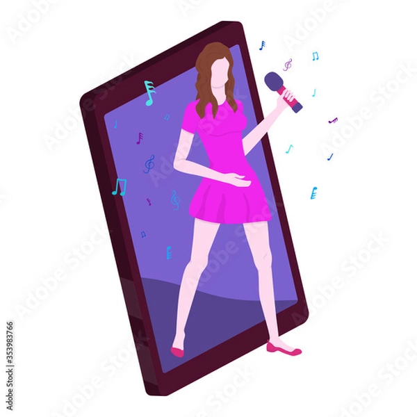 Fototapeta Singer online steps out of mobile phone. Virtual reality of music world. Beautiful girl in cocktail dress with microphone sings song. Flying notes and treble clef. Isolated vector illustration.