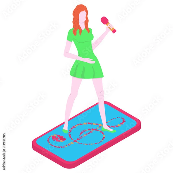 Fototapeta Young singer in a green short dress stands on a touchscreen mobile phone with a treble clef from hearts. Pop singer performs a song online. Vector cartoon illustration isolated on white background.
