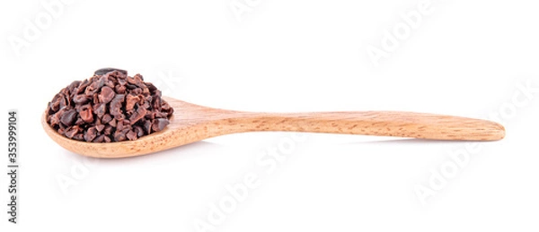 Obraz dried cocoa beans in wooden spool white background