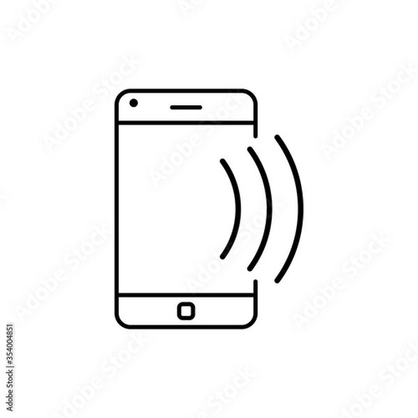 Fototapeta Símbolo conexión inalámbrica. Icono plano lineal con teléfono inteligente con ondas en color negro