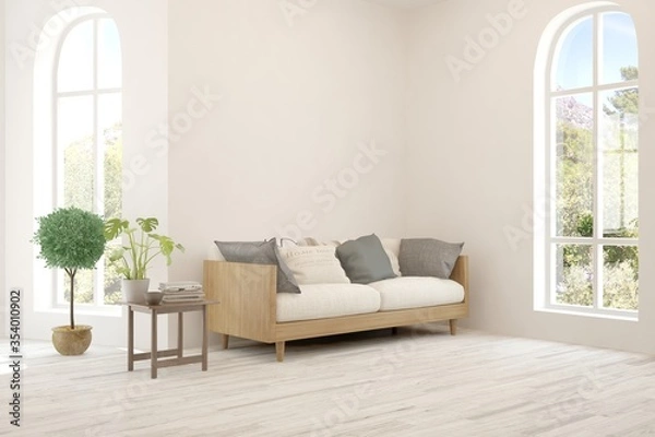 Fototapeta White living room with sofa. Scandinavian interior design. 3D illustration