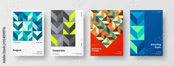 Fototapeta Company identity brochure template collection. Business presentation vector A4 vertical orientation front page mock up set. Corporate report cover abstract geometric illustration design layout bundle.