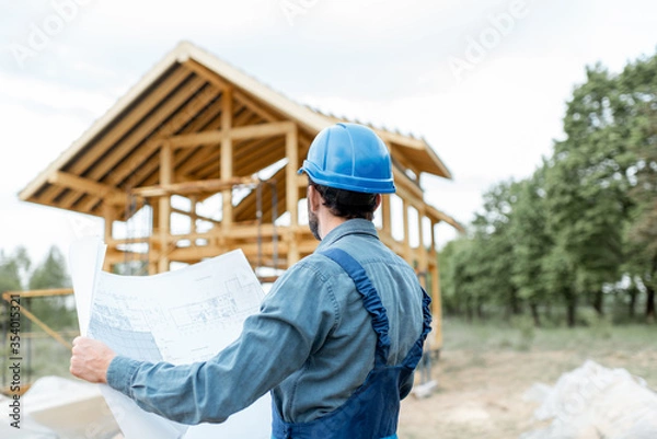 Fototapeta Builder in blue overalls and hard hat with blueprints on the construction site, building wooden frame house
