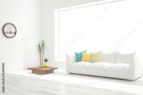 Fototapeta White living room with sofa. Scandinavian interior design. 3D illustration