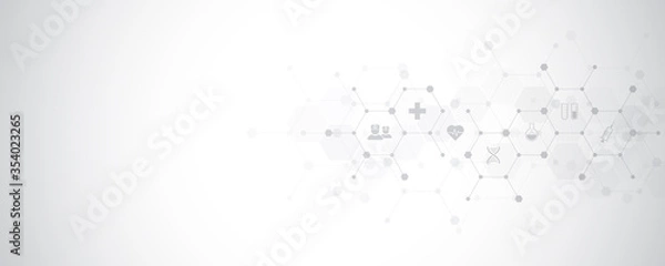 Fototapeta Medical background with flat icons and symbols. Template design with concept and idea for healthcare technology, innovation medicine, health, science, and research.