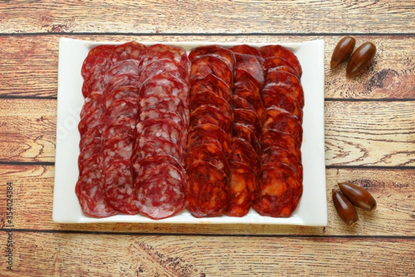 Fototapeta Ration of 100% acorn-fed Iberian sausage and chorizo from Extremadura