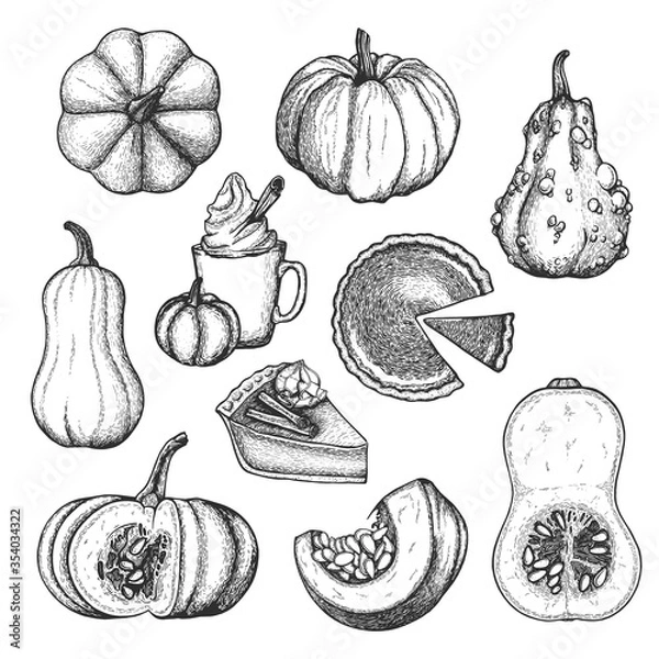 Obraz Vector ink set with pumpkins and pumpkin desserts