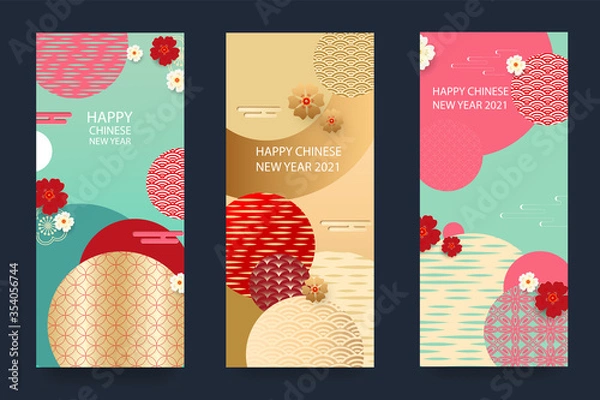 Fototapeta Happy New Year 2021 Chinese New Year. Set of greeting cards, envelopes with geometric patterns, flowers and lanterns. Vector