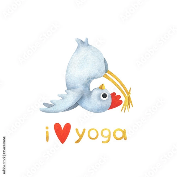 Fototapeta Funny white chicken in yoga poses. A set of watercolor illustrations with a bird in Halasana (Plow Pose) and the text "I love yoga" . Stock image of cute stickers isolated on a white background.