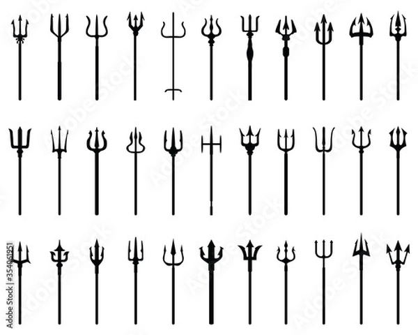 Obraz Set of tridents, black silhouettes on a white background	
