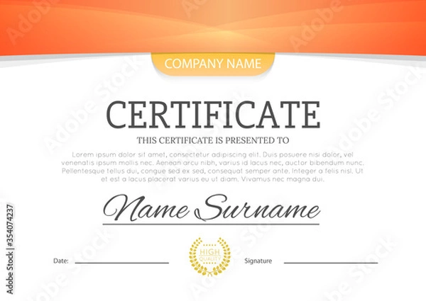 Fototapeta Modern ornage color certificate or diploma A4 horisontal template design vector illustration mock-up. EPS 10